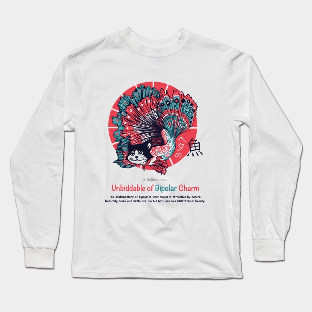 Cute Funny Betta Cat Fish Japanese Style Unbiddable of Bipolar Charm Nekocheng #007 Halfmooneko Long Sleeve T-Shirt by Sekaifi Studio